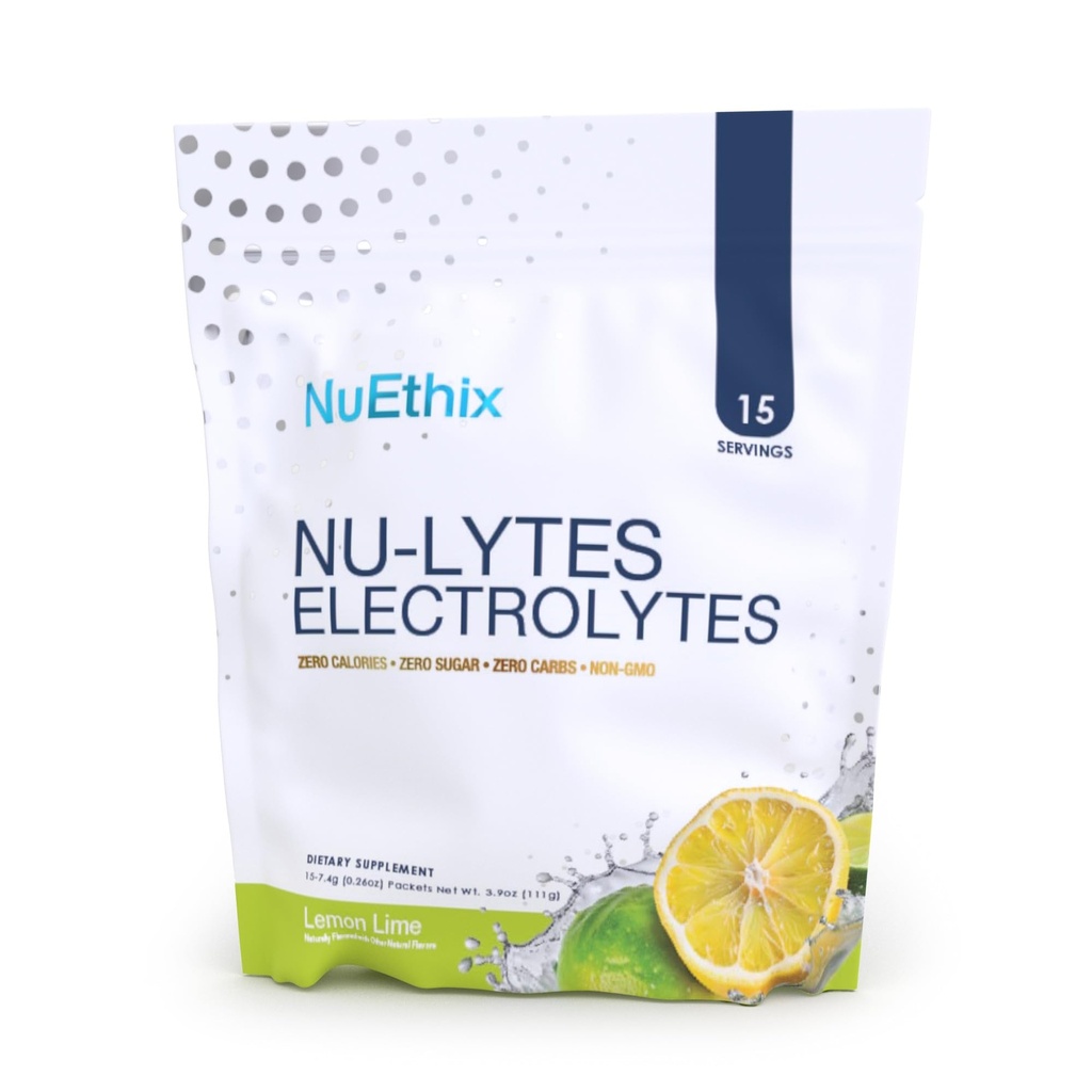 NuEthix Formulations NU-LYTES Electrolytes Hydration Packets, Zero Calories, Zero Sugar, Zero Carbs, Non-GMO, Electrolytes Powder Packets, Glycogen Replenishment, 15 Servings (Límo de limón)