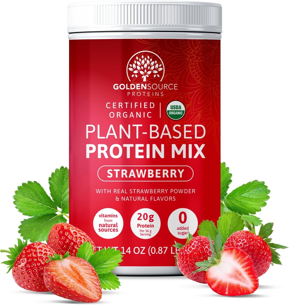 Fresa - Polvo de proteínas de origen vegetal, mezcla de proteínas, pólvora de proteínas con vitaminas " minerales, 20g de proteínas " , Perfil de aminoácidos completos, pólvora de proteína vegana