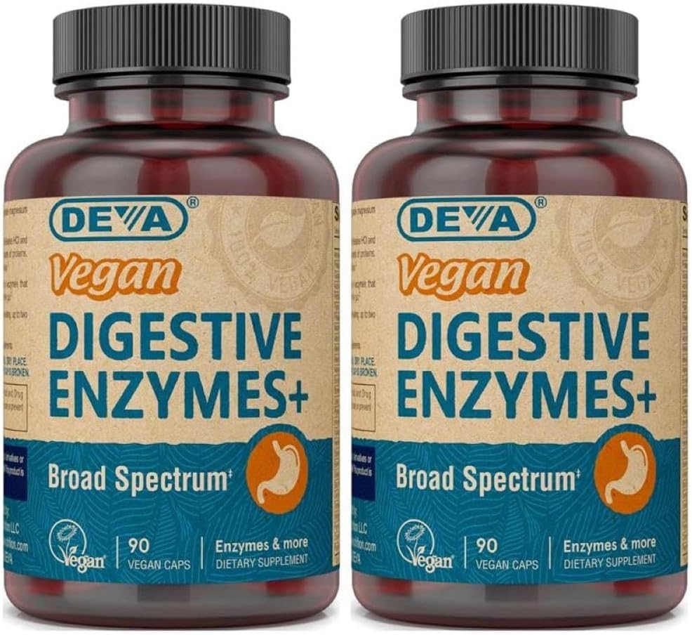 Deva Vegan Vitaminas Digestive Enzymes Plus Supplement - A Unique Blend of Enzymes & Herbs - 90 cápsulas (Pack of 2) Paquete Mayo Vary
