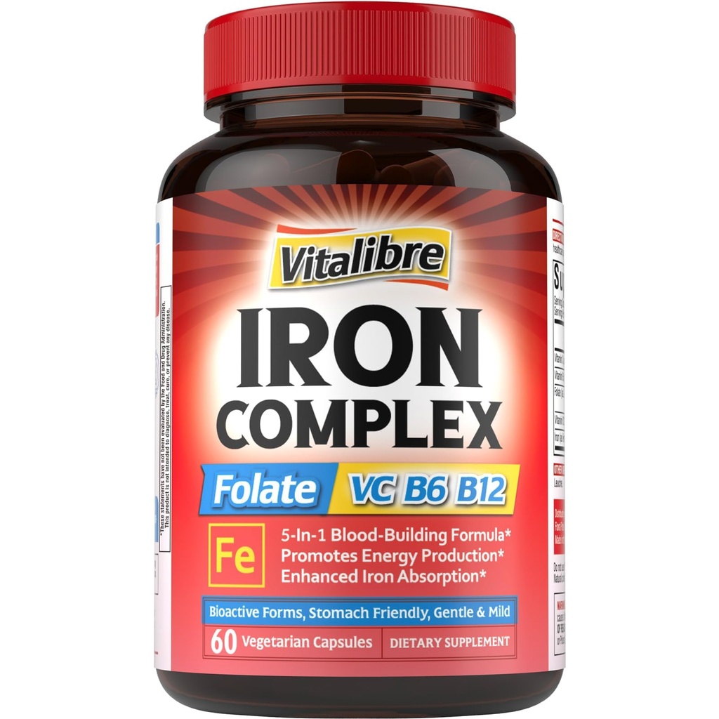 Suplemento de hierro para hombres y mujeres, con vitaminas C, B6, B12 &amp; Folate for Iron Deficiency, Blood Building " Energy Support, Stomach Friendly, Better Absorption, Non-GMO, No Gluten, 60 Vegan Caps