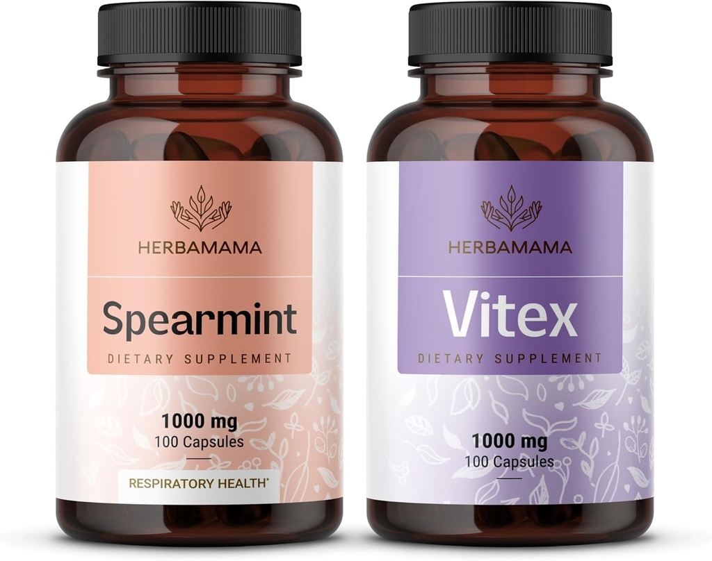 HERBAMAMA Spearmint y Vitex Kit - Bundle of 1000 mg Spearmint Leaf & Vitex Chasteberry Capsules - Vegan, Non-GMO, Gelatin-Free - 2 Pack