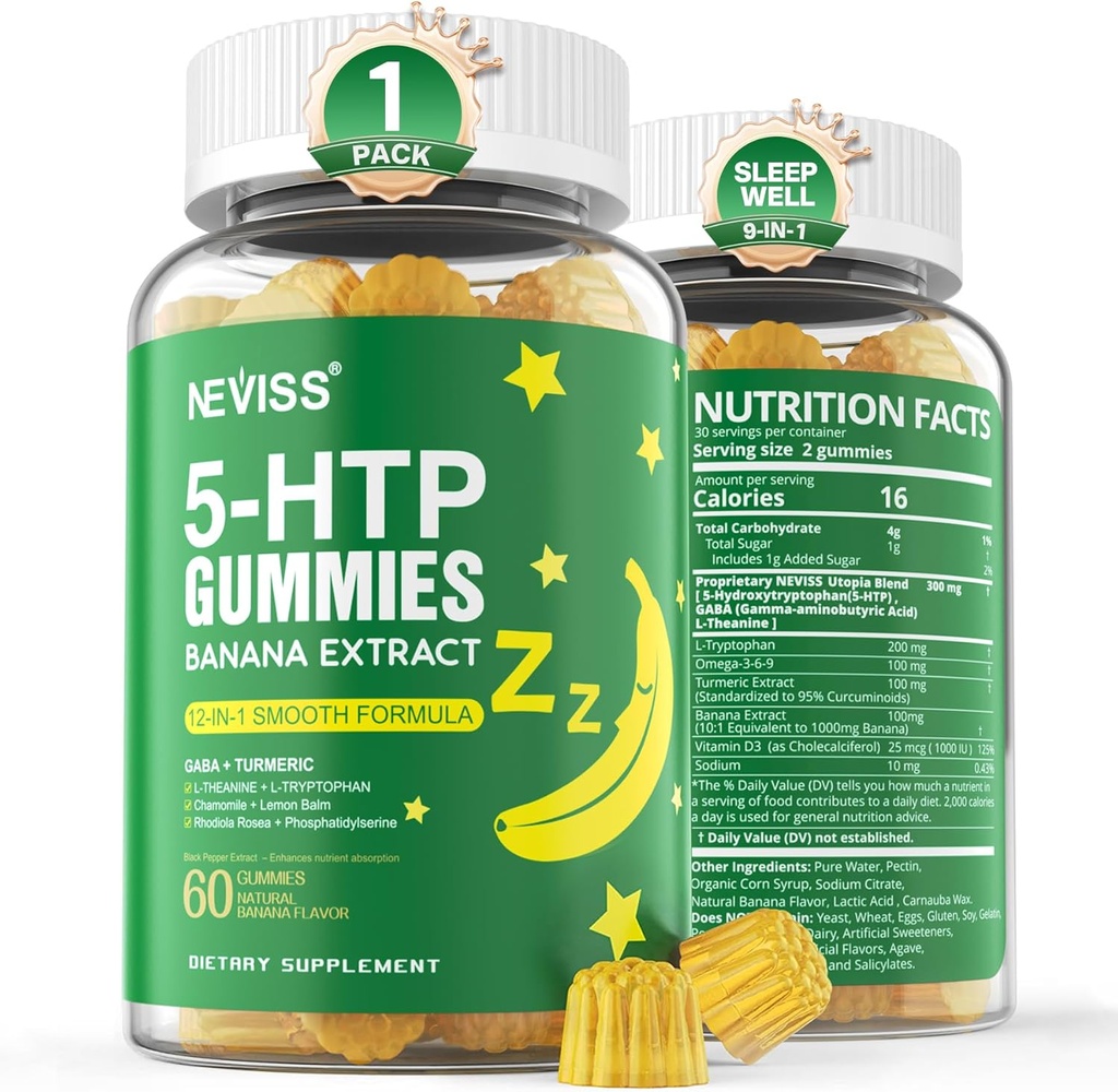 NEVISS 1Pack 5-HTP Gummies + GABA - Melatonin Gratis - Relajación Gummies with Banana Extract, L-Theanine,L-Tryptophan, Vitamin D3 for Healthy Rest Cycle " Circadian Rhythm,Brain Function " Muscle Relax