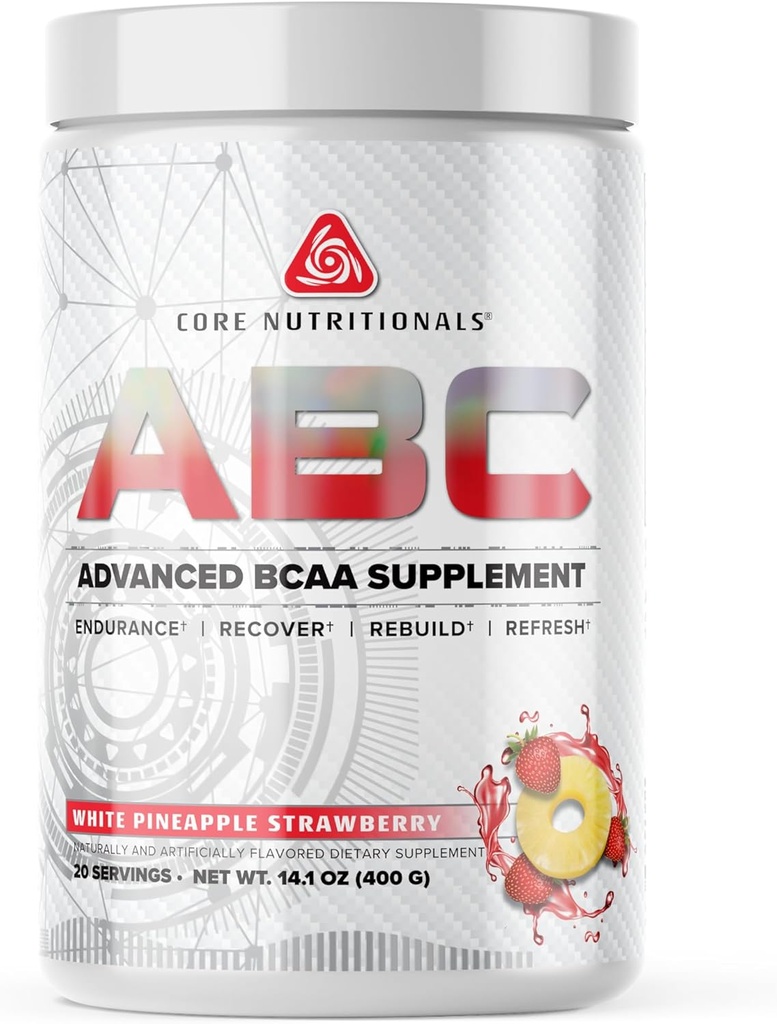 Core Nutritionals ABC Advanced BCAA Supplement ← Amino Acid Recovery Blend ← Glutamine, Beta Alanine, Citrulline Malate TEN 20 Servings (White Pineapple Strawberry)