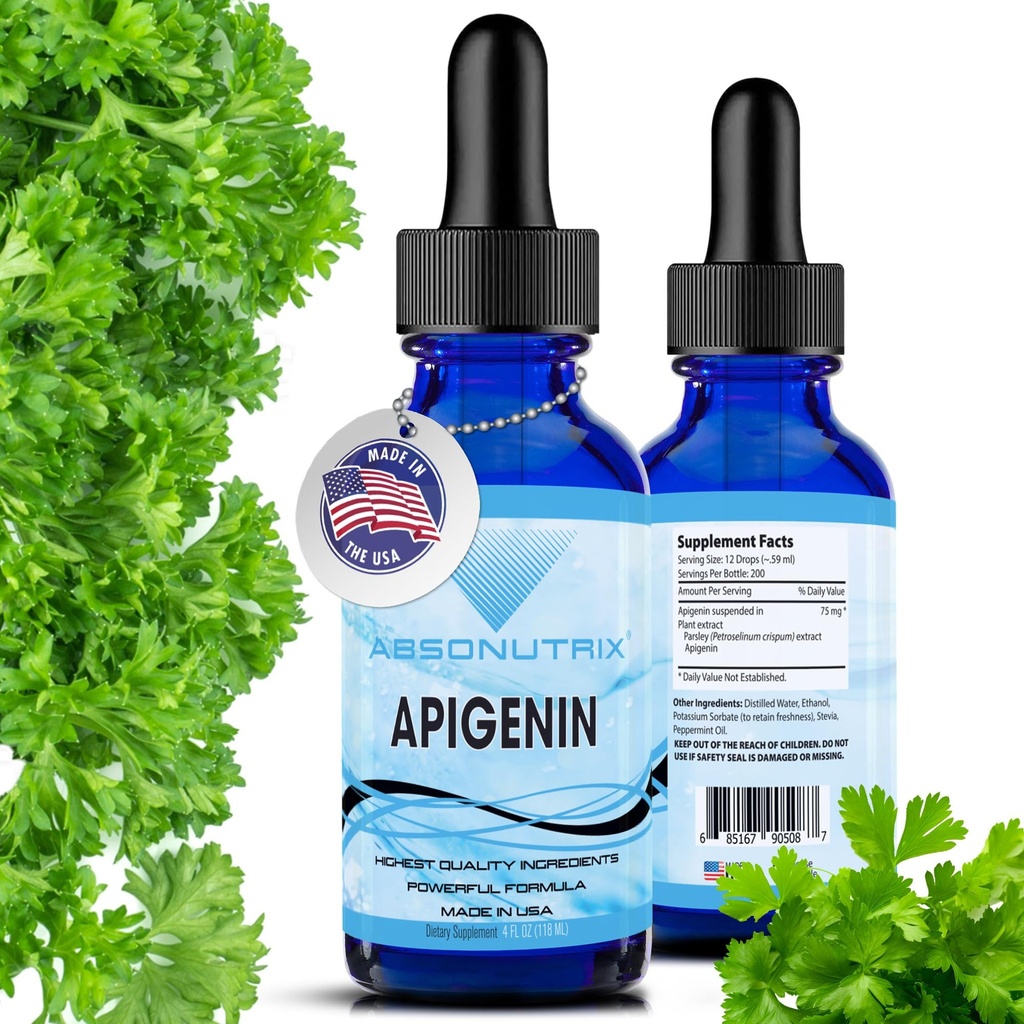 Absonutrix Apigenin 75 mg por Serving, 4 Fl Oz Bottle, 200 Potent Servings, Made in USA, Quick Absorption, Quality Potent Ingredients, Non-GMO, GMP Certified Facility, Cruelty-Free Products