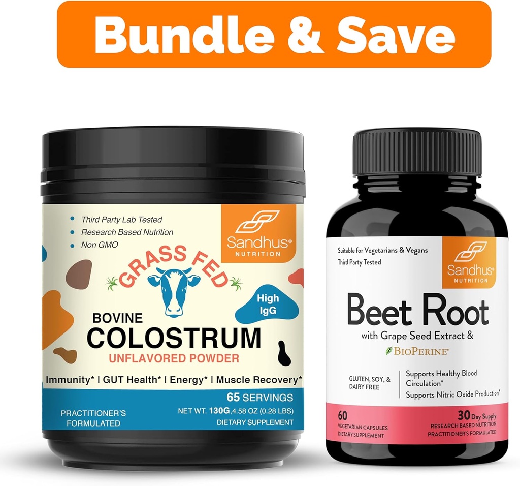 Sandhu's Pure Bovine Colostrum Powder Supplement for Humans & Beet Root Powder with Bioperine Capsules durable Supports Immune, Gut, Muscle & Healthy Energy Levels