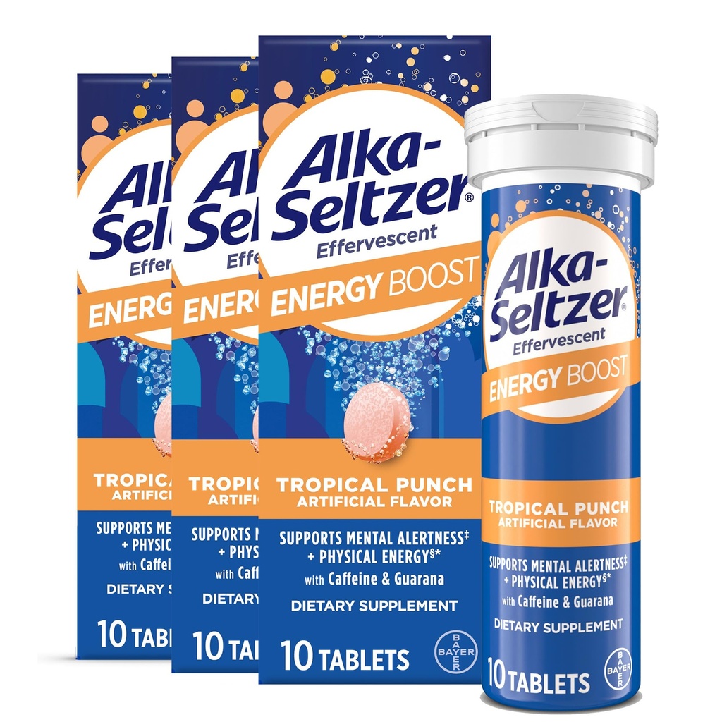 Alka-Seltzer Energy Boost: Caffeine &amp; Guarana, B Vitaminas, soporta la alerta mental y la energía física, suplemento de energía diaria, tabletas de fibra, libre de azúcar, sabor tropical claro, 30ct