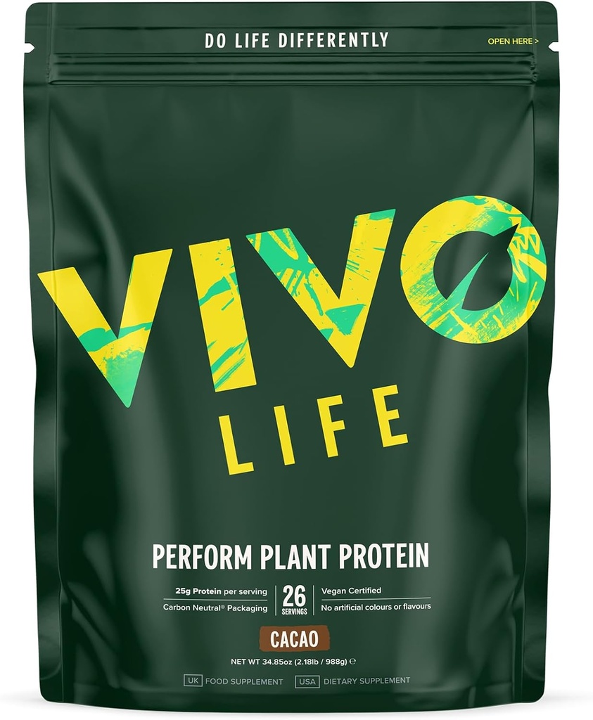 Vida Vivo Realizar Polvo de Proteína Planta - Pea & Hemp Protein Blend con BCAA (34.85 oz, Raw Cacao)