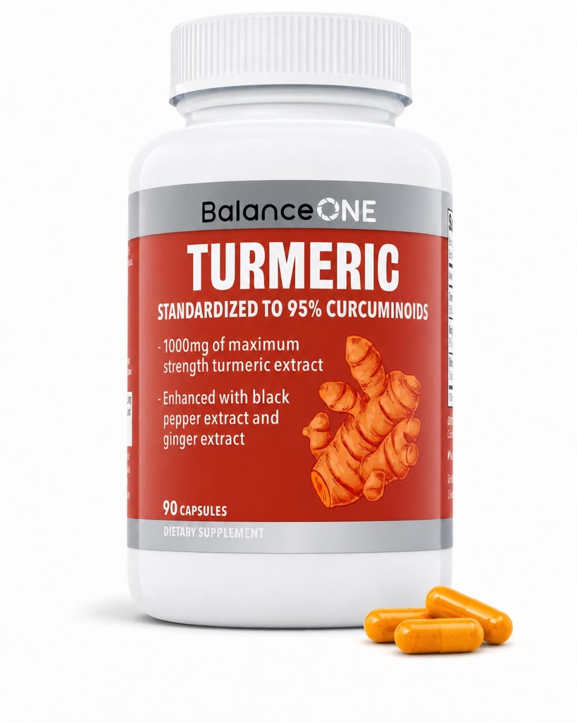 Balance ONE Turmeric Extract 1000mg con Max Strength 95% Curcuminoids - Suplemento Turmeric Curcumin para el Soporte Antioxidante Confort Conjunto - Extracto de jengibre y BioPerina - 1 Mes de Suministro