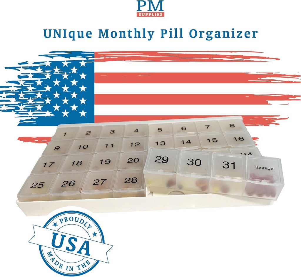 Organizador único XL Mensual de Pill con 31 compartimentos, 1 por día, 4 semanas Mes completo 31 Día Organizador de Pill, Incluye bandeja y 8 compartimentos extra grandes extraíbles