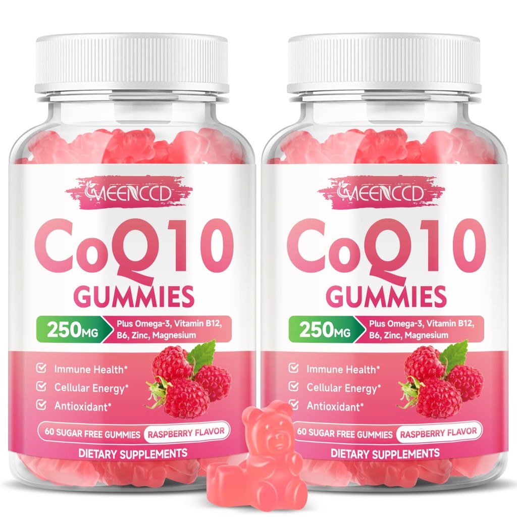 CoQ10 sin azúcar 250 mg, Coenzima Q10 Suplementos Plus Omega-3, Vitamina B6 &amp; Zinc, Alta Absorción CoQ10 Suplemento para Energía Celular y Apoyo Antioxidante, Raspberry Flavor, Vegan 120Cts