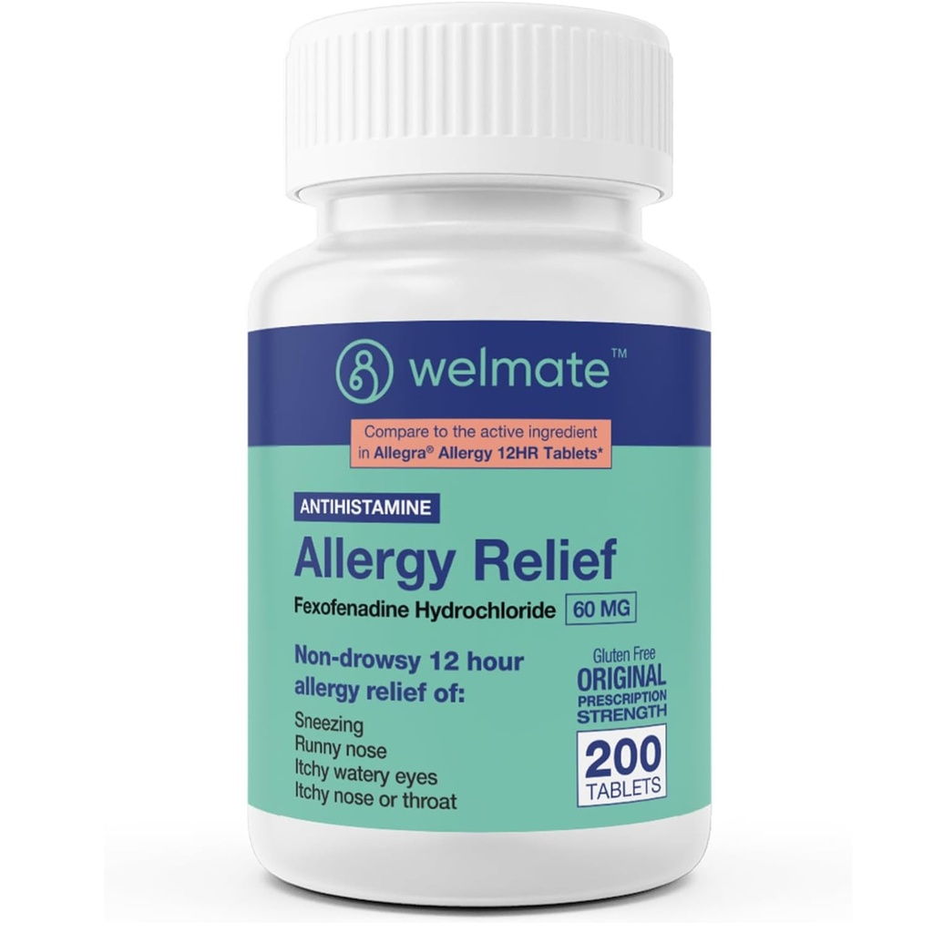 WELMATE - Alivio de la alergia - Fexofenadine HCl 60 mg - 12 horas Antihistamínico antihistamínico no somnoliente - Runny Nose - Itchy Eyes, Nose & Throat - Allergy Relief Tablets - 200 Count