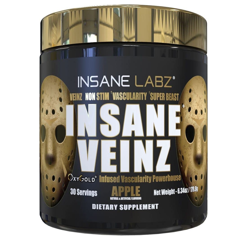 Insane Labz Insane Veinz Gold, Nitric Oxide Non Stimulant pre Workout Powder, cargado con Hydromax, Nitrosigine, aumenta la vascularidad y el flujo de sangre, 30 Srvgs, Apple