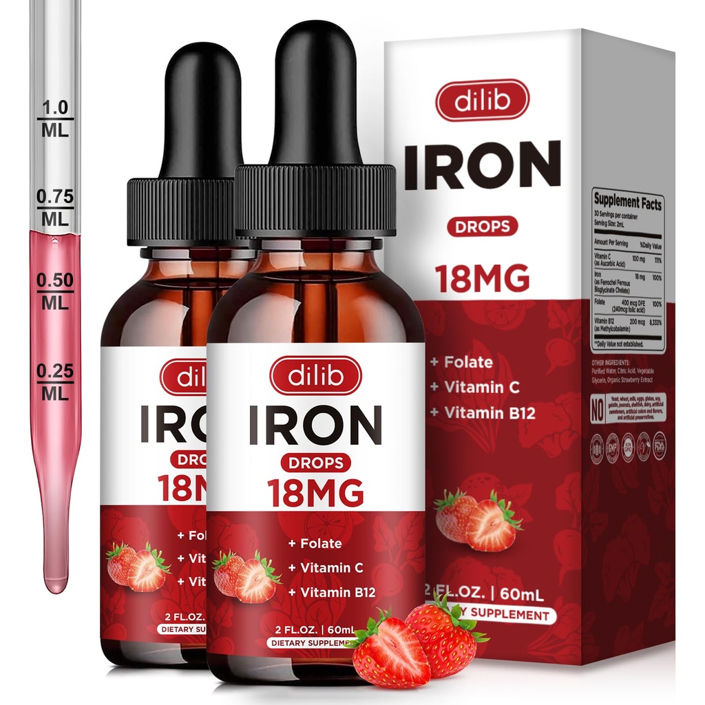 (2 Pack) Suplemento de hierro líquido para mujeres &amp; hombres gotas de hierro Suplementos de hierro para la anemia con folato, vitamina C, B12 para el apoyo de células de sangre roja-Strawberry, 4 Fl Oz