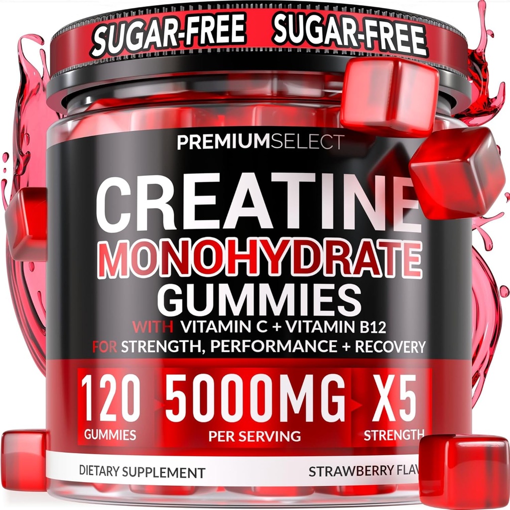 Azúcar Monohydrate Gummies 5g Por Serving - 120 Monohydrate Creatine Gummies Complejo Avanzado con Vitamina C + Vitamina B12 para Fuerza muscular, Boost de energía, Pre-Workout Gummy