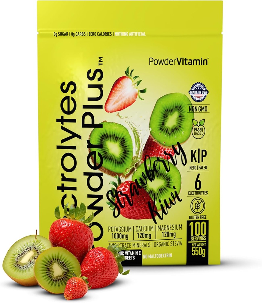PowderVitamin Electrolytes Powder Plus (100 Servings) Strawberry Kiwi Electrolyte Powder Zero Calorie Keto,0 Azúcar, Sin Maltodextrin,1000mg Potasio, 120 mg de calcio, 120 mg de magnesio, Hidratación Polvo