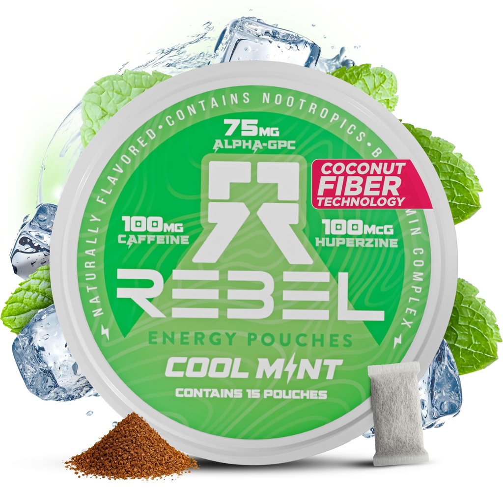 Pouches de cafeína de energía nootrópica • 100 mg de cafeína • Alfa GPC • Huperzina A " Vitaminas esenciales • Sin azúcar • Tecnología de fibra de coco • sabor de menta fresca • 15 bolsas por can (Pack of 1)