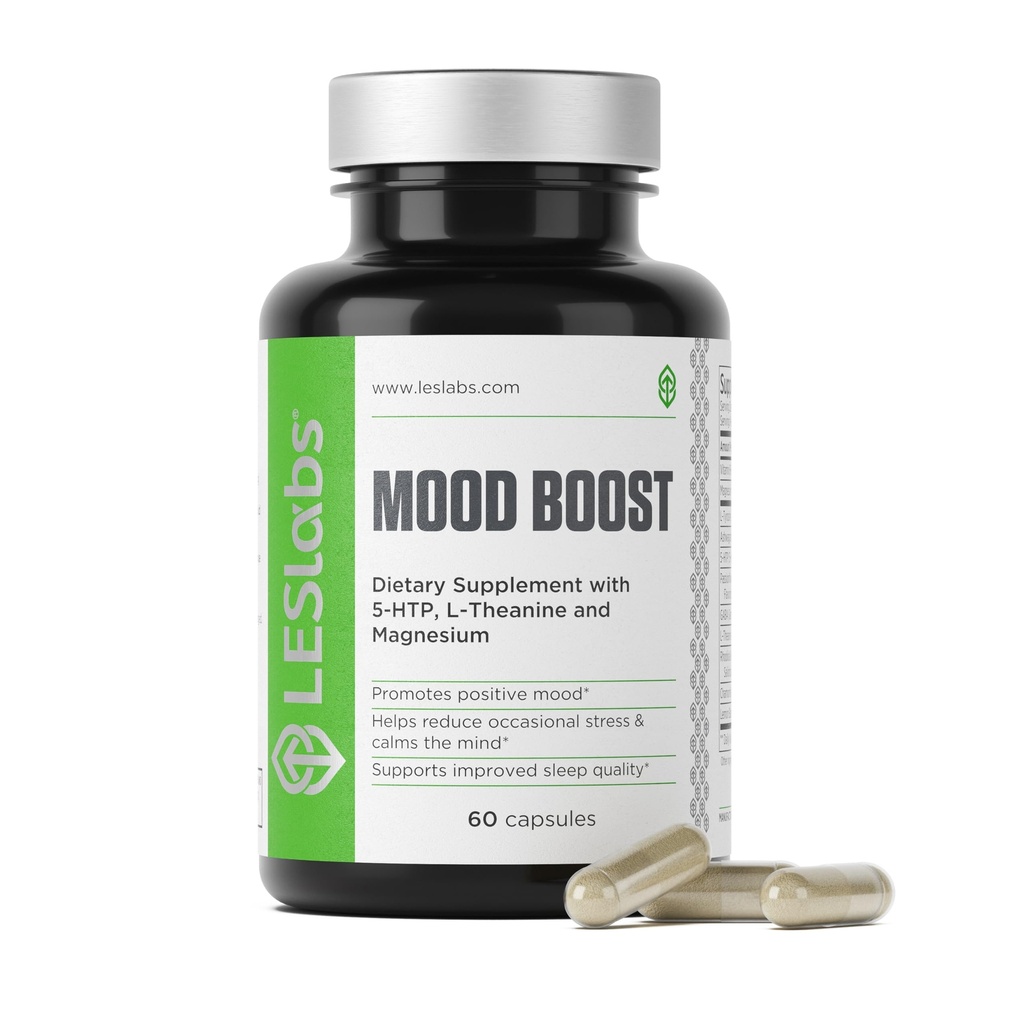 LES Labs Mood Boost – Stress Relief, Mood Support, Deep Relaxation & Better Sleep – 5-HTP, Ashwagandha, Rhodiola Rosea, Magnesium, L-Theanine & GABA – Suplemento no GMO – 60 cápsulas