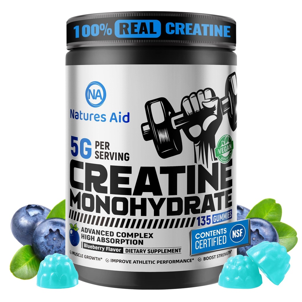 Natures Aid NSF Certified Creatine Gummy 5g - Creatine Monohydrate Gummies – Pre-Workout Energy & Muscle Growth Support for Men ' Women TEN Blueberry Electrolyte Gummies (135 Conde)