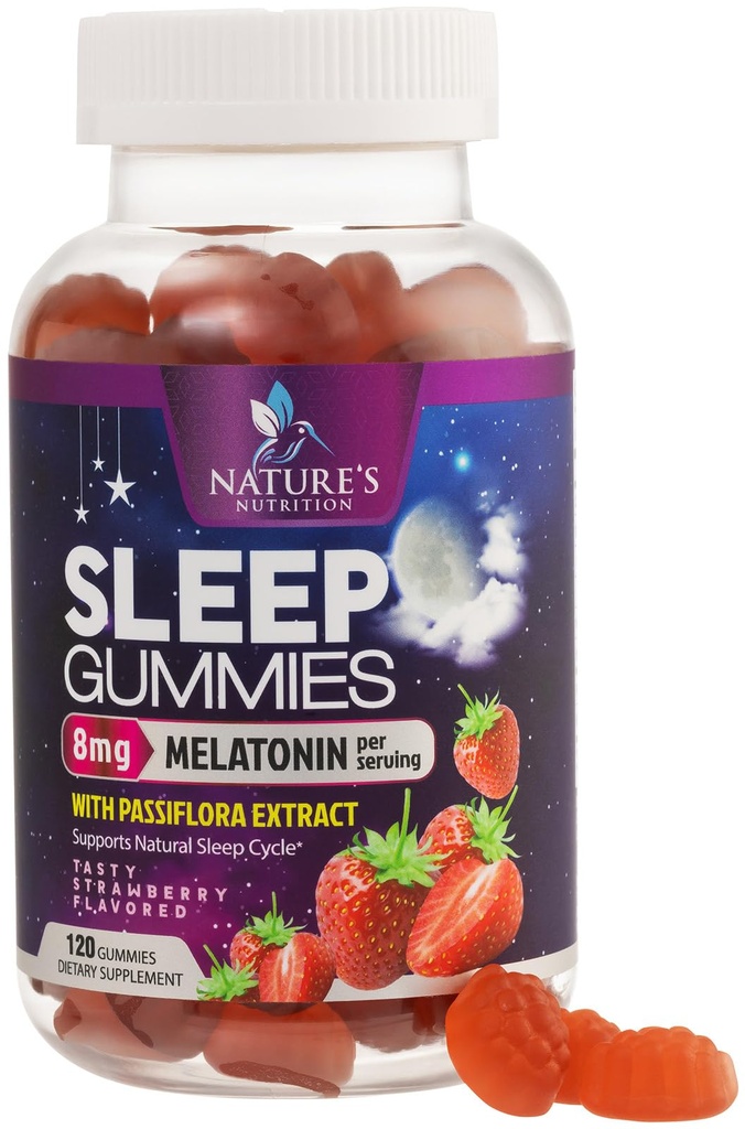 Gummies de sueño para adultos fuerza extra 8mg - Melatonina con Passiflora Extracto para el descanso - Melatonina interina rápida Suplemento de goma de sueño, Vegan, No GMO, sabor a fresa Tasty - 120 Gummies