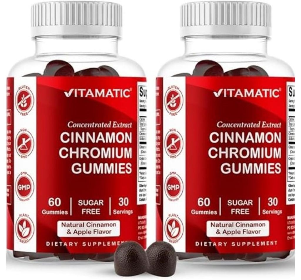 Gummies de cromo libre de azúcar con canela de Ceylán – 2000 mg Equivalente por ser (de Extracto 83 mg) – No Gluten-Free – 60 Gummies Vegan – 2 Pack