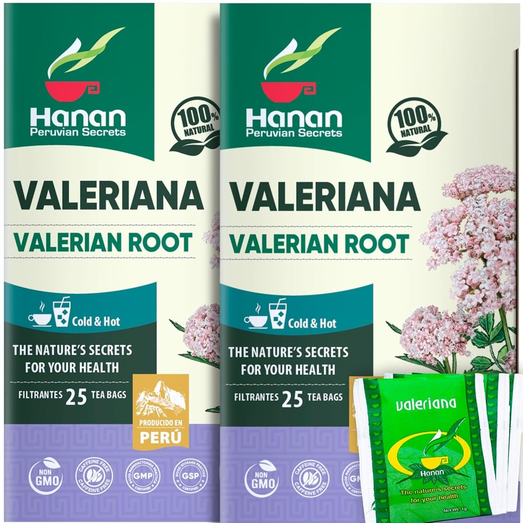 Tea Hanan Valerian Root para Bedtime (50 Bolsas) - Te de Valeriana, Herbal Calming Night Tea - 100% Puro, Caffeine-Free, Non-GMO, Herb de Perú - Pack de 2 Cajas