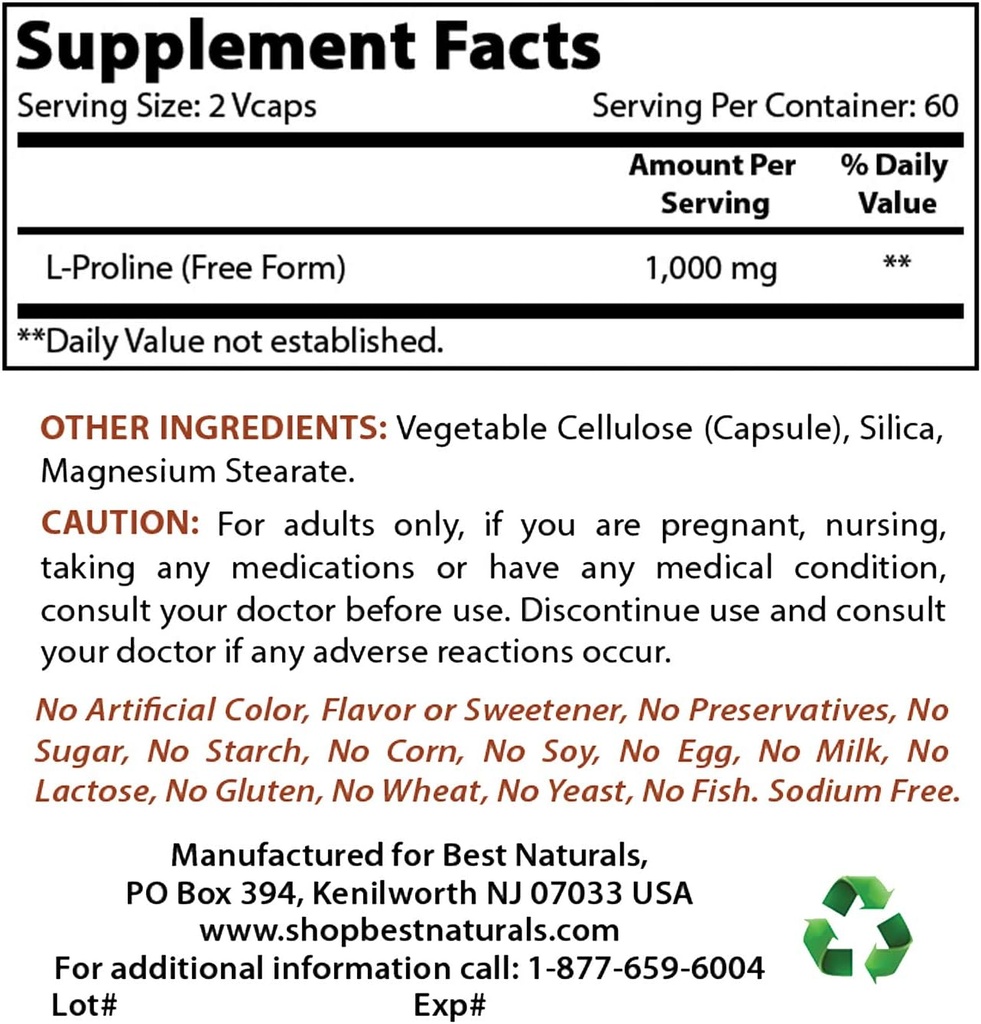Mejores Naturales L-prolina 500 mg & L-Arginina 1000 mg