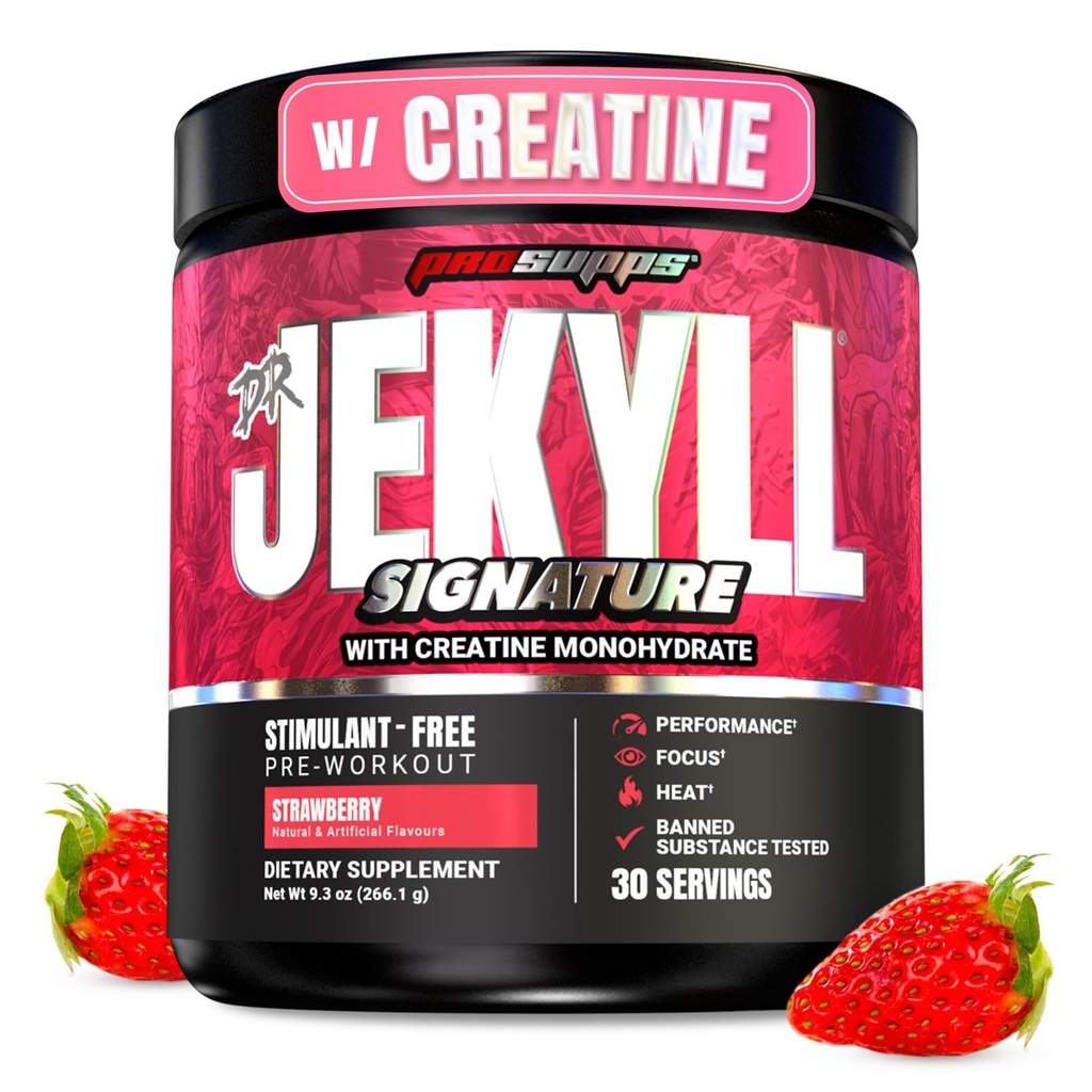 ProSupps Dr. Jekyll Signature Pre Workout Powder with Creatine - Stim-Free Preworkout Supports Focus &amp; Endurance - Suplementos de gimnasia sin cafeína (Strawberry, 30 Servings)