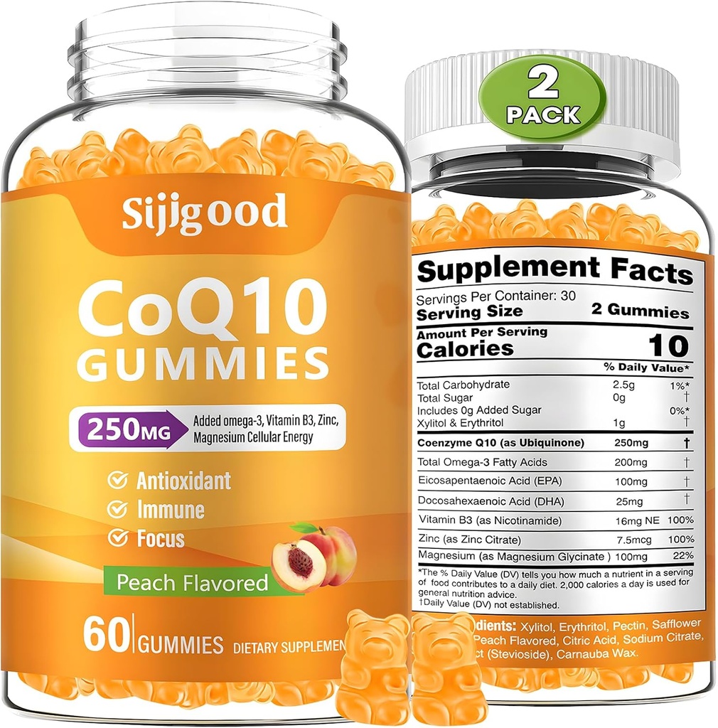 2 Pack CoQ10 Gummies, Plus Omega-3, Vitamina B3 y Zinc, Magnesio, 5X Alta Absorción Coenzima Q10 Suplementos, q10 para Energía Celular Boost, Antioxidante Potente & Cerebro, Peach Flavor, 120 Cts