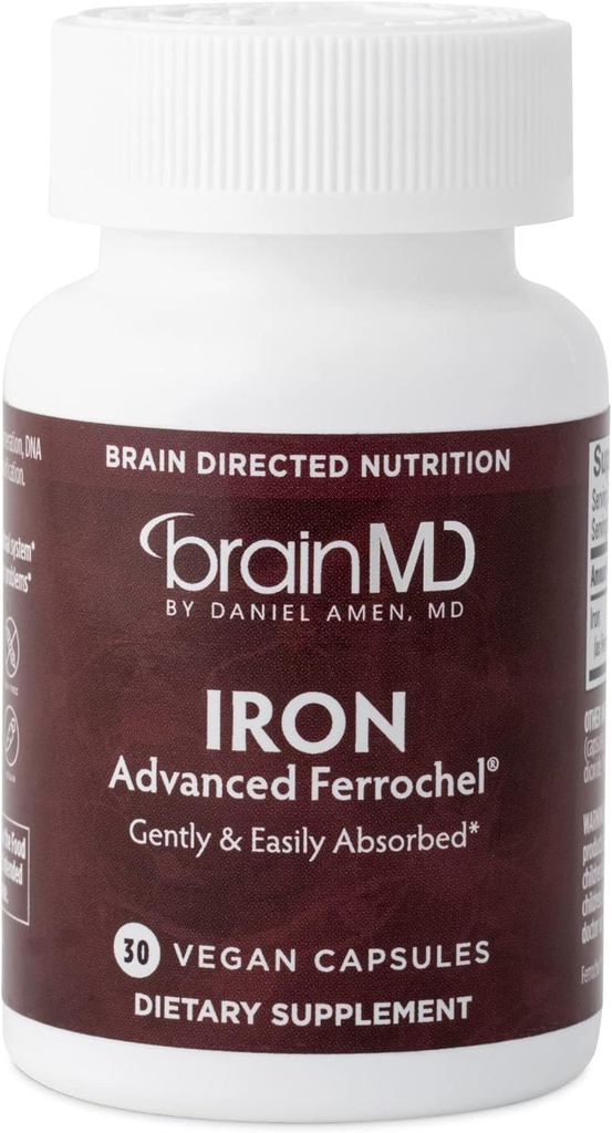 BRAINMD Dr Amen Iron - 30 Capsules - Supports Energy Production, Cognitive Function & Gene Regulation - Gentle &amp; Easi Absorbed - Gluten Free - 30 Servings