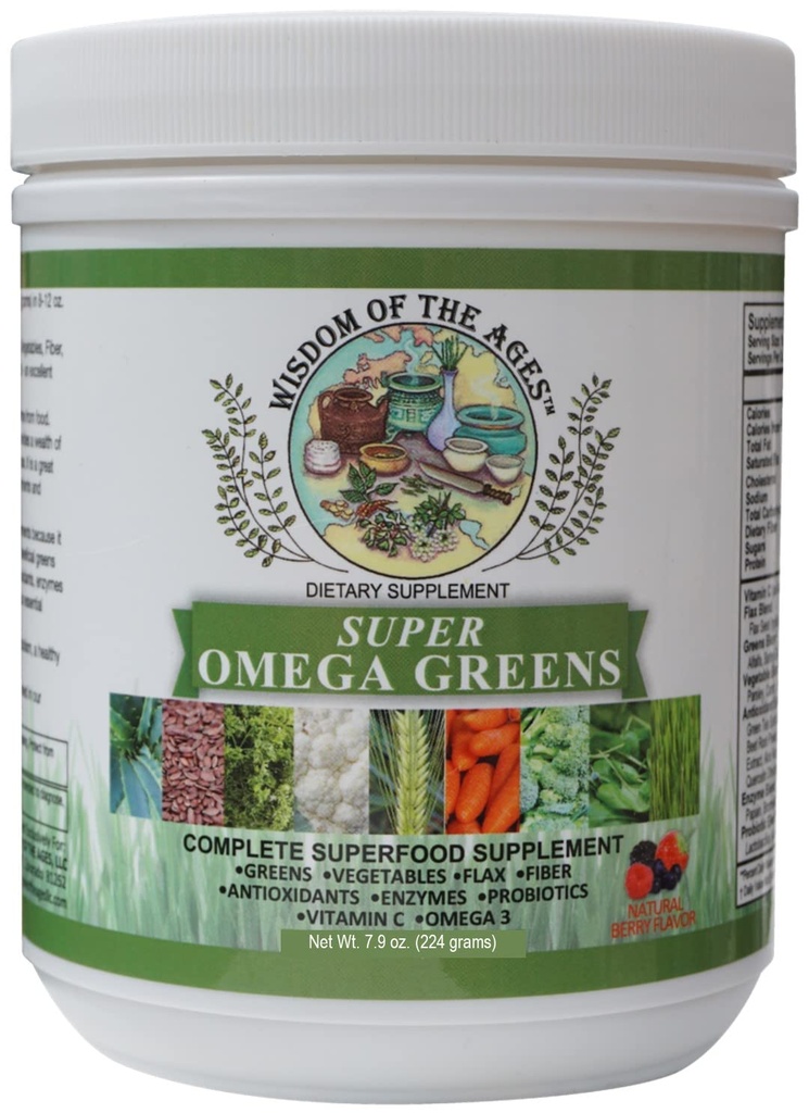 Super Omega Greens Suplemento completo de Superalimentos con Verdes, Verduras, Flax, Fibra, Antioxidantes, Enzimas, Probióticos, Vitamina C y Omega 3-7.9oz Polvo