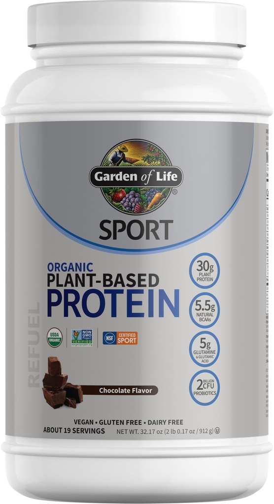 Jardín de vida Pólvora orgánica de proteína vegana con probióticos, BCAAs, NSF certificado, Gluten libre " Deporte, No GMO, Sport Protein Polvo, 19 Servimientos, Chocolate