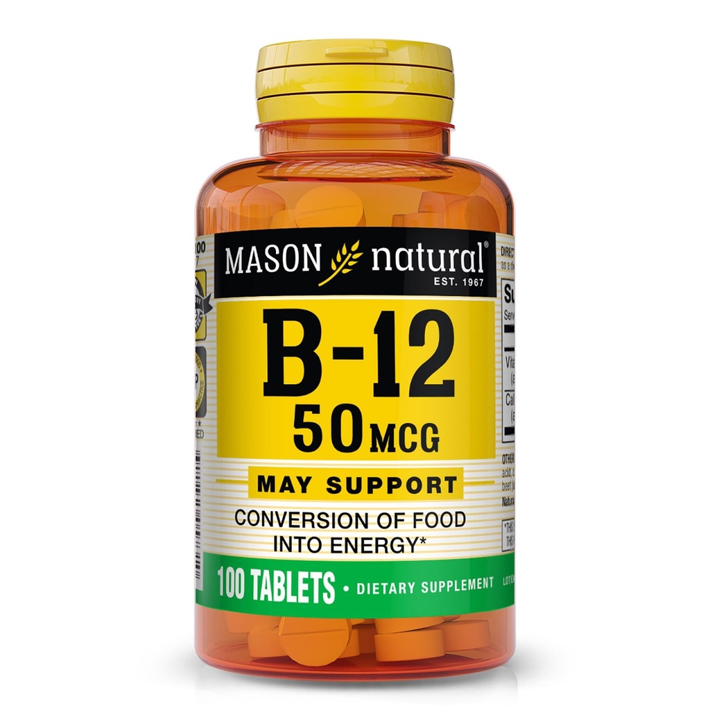 MASON NATURAL Vitamina B12 50 mcg con Calcio, Suministro de 100 días, Suplemento dietético para apoyar los niveles de energía natural, 100 Tabletas (Pack of 1)