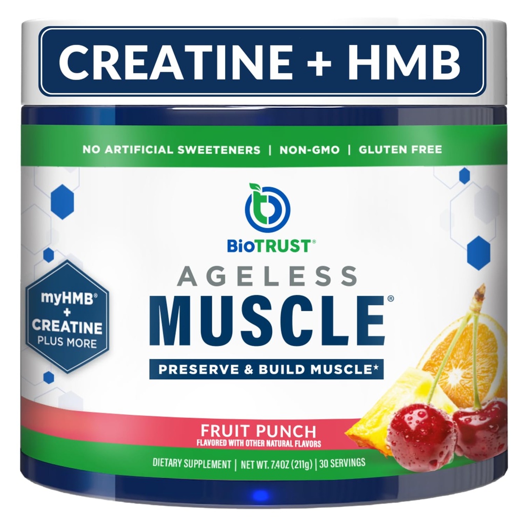 BioTrust Ageless Muscle Builder - Creatine HMB Powder with Vitamin D3 " Betaine - Build " Preserve Naturally Declining Muscle Mass " Strength - Fruit Punch, 30 Servings