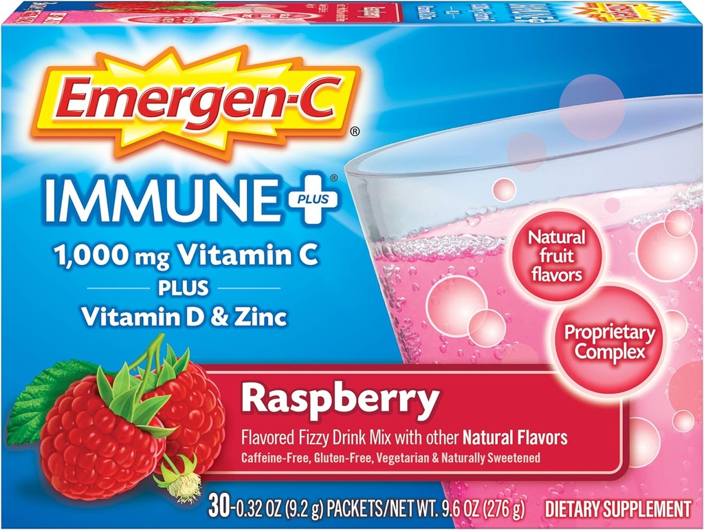 Emergen-C Immune+ 1000mg Vitamin C Powder, con vitamina D, zinc, antioxidantes y electrolitos para la inmunidad, Immune Support Suplemento dietético, Raspberry Flavor - 30 Conde/1 Mes de suministro