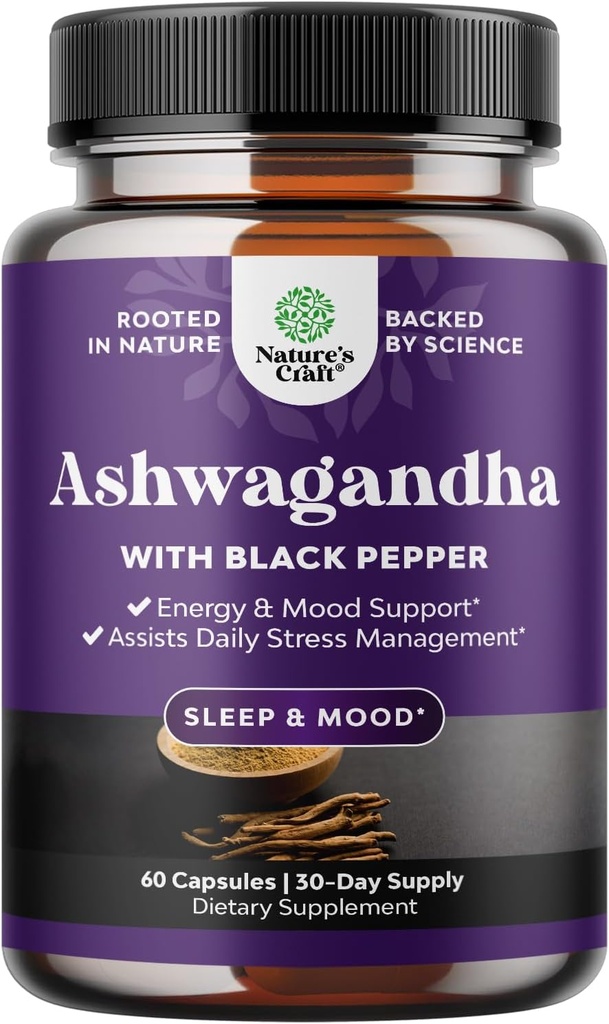 Organic Ashwagandha Root Powder 60 Capsules - Ashwagandha con Black Pepper Extracto Suplementos de Polvo para Relajar, Dormir &amp; Inmune Apoyo para Mujeres &amp; Hombres - Organic Whitania Somnifera Root Suplementos