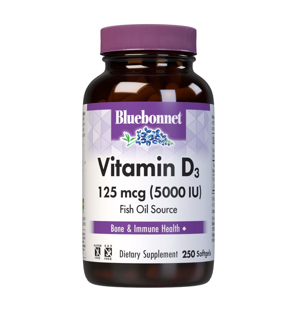 Bluebonnet Nutrition Vitamina D3 5000 UI Softgels, Ayudas en el crecimiento muscular y esquelético, Cholecalciferol de Fish Oil, Non GMO, Gluten Free, Soy Free, Dairy Free, Amarillo, 250 Softgels