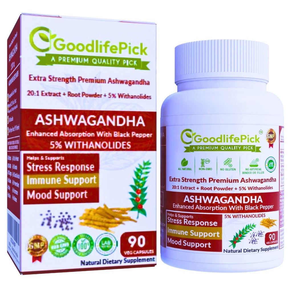 Cápsulas Premium de Ashwagandha con Pepper Negro. Potente 5% Wthanolides de Ashwagandha Powder & 20:1 Extracto 90 ct. Natural NonGMO NO Rice Powder NO Filler
