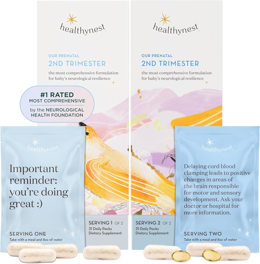 HealthyNest 2nd Trimester Prenatal Vitamin ← Pregnancy Support for Fetal Brain Development with Methylfolate, Choline, DHA, Iron, Inositol ← 31 Day Supply