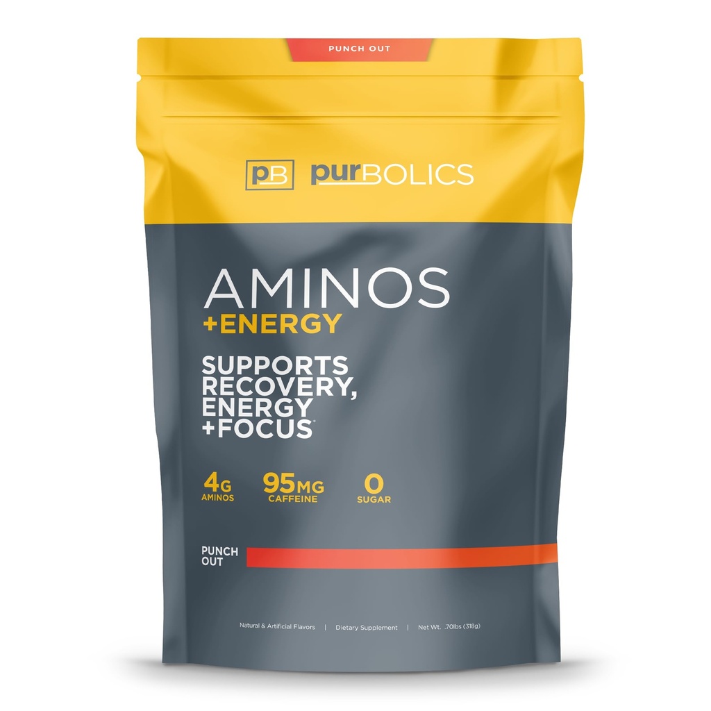 Purbolics Aminos + Energy ¦ apoya la recuperación, la energía y el foco  durable 95mg de la cafeína, 0 Azúcar &amp; 60 servidos (Punch Out)