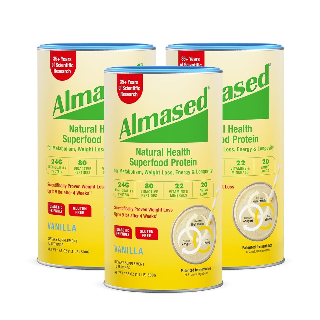Almased Vanilla Reemplazamiento de la comida Shake - Baja Glucemia Suplemento de apoyo a la salud de peso nutricional de base de alta planta - Vainilla Flavor - 17,6 oz (1,1 libras (3 Pack))