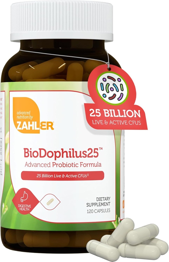 Zahler BioDophilus25, 25 Billion CFU Probiótico + Prebiótico - 11 Strains Daily Probiotic Supplement - Kosher Probiotics for Women for Digestive Health, Probiotics for Men for Gut Health (120 Capsules)