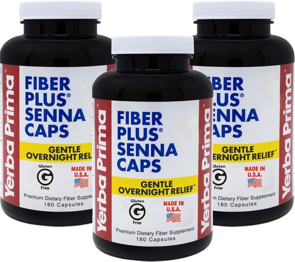Yerba Prima Fiber Plus Senna Capsules, 180 Cuenta (3 Pack) - Gentle Overnight Relief, USA Made, Non-GMO, Gluten-Free