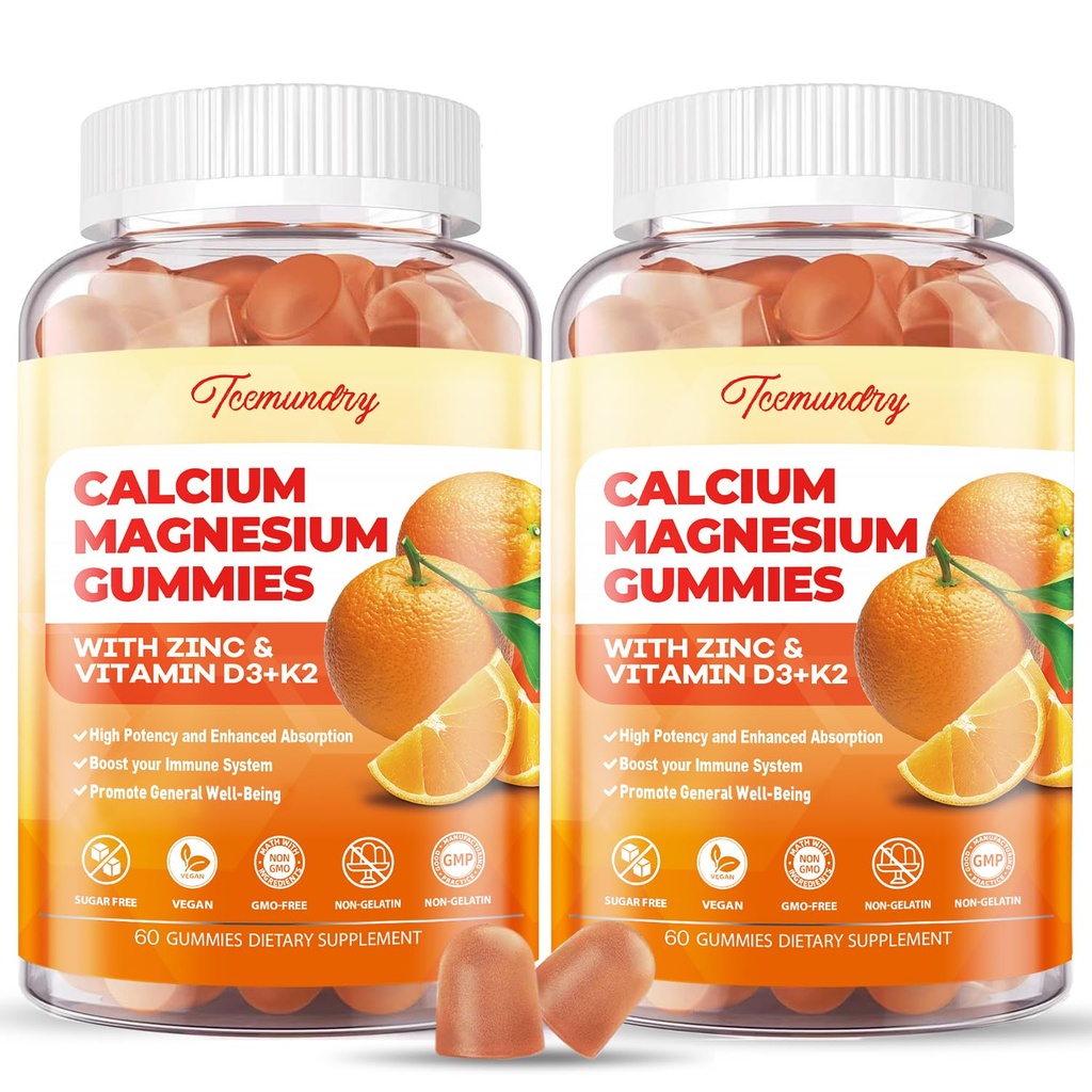 Calcio Magnesio Zinc Gummies con vitamina D3 & K2 - High Absorption Magnesium Glycinate 400mg - Sugar Suplemento gratuito de calcio - Soporte Nerve Muscle Mood &amp; Immunity - para adultos Hombre Mujeres Niños