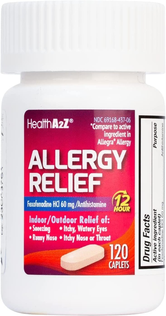 HealthA2Z® Fexofenadine Hydrochloride 60mg ← 12-Hour Antihistamine for Allergy Relief ← Indoor &amp; Outdoor Allergy Relief (120 Condes (Pack of 1))