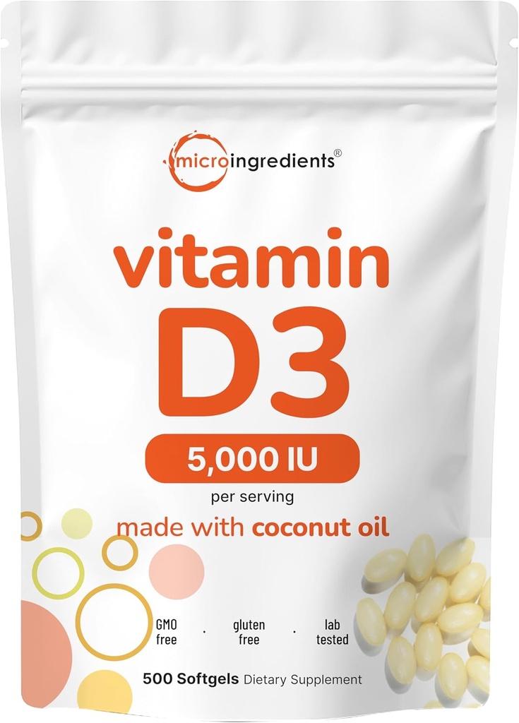 Micro Ingredientes Vitamina D3 5.000 UI, 500 Softgels  durable Virgin Coconut Oil ← Cholecalciferol Forma ¦ Bone, Inmune & Heart Support Silencio fácil de absorber, no GMO