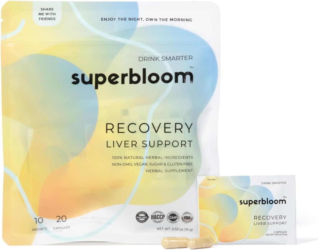superbloom Recuperación Liver Support ¦ Liver Detox with DHM, Turmeric, Milk Thistle TEN 10 Sachets, 20 Capsules ANTE Disfruta de la noche, Own The Morning