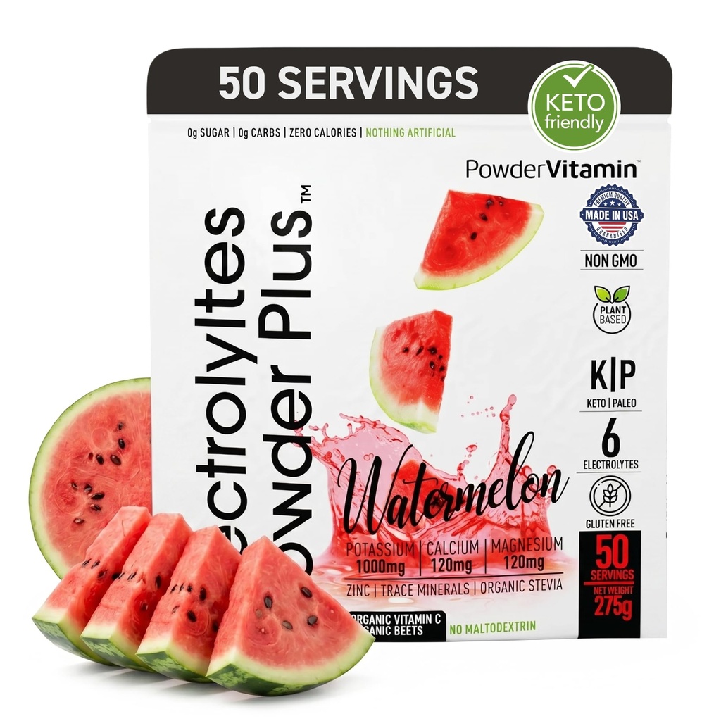 Electrolytes Powder Plus (50 Servings), 0 Calorie Keto, 0 Azúcar, No Maltodextrin,1000mg Potasio,120mg Calcium,120mg Magnesium, Hidration Powder (50 Servings, Watermelon)