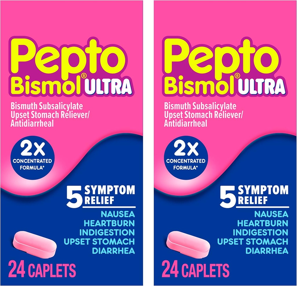 Pepto Bismol Caplets Ultra para Nausea, Heartburn, Indigestion, Upset Stomach y Diarrhea - 5 Symptom Fast Relief, 48 Total (2 Packs of 24)