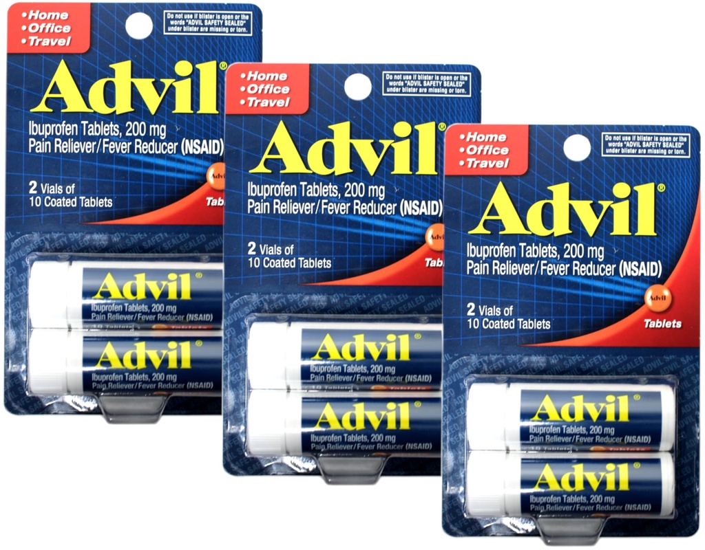 Tablas de Ibuprofeno Advil 200 mg, 2 Viales, 10 Tablas Coadas Cada, 20 Total (Pack of 3)