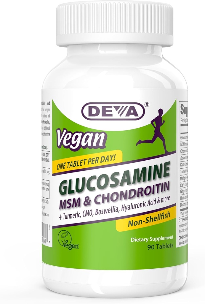 DEVA Glucosamina Vegan MSM " Condroitina + Turmérica, CMO, Boswellia, Ácido Hialurónico " Más, Fórmula No Animal Mejorada, 90 Tabletas